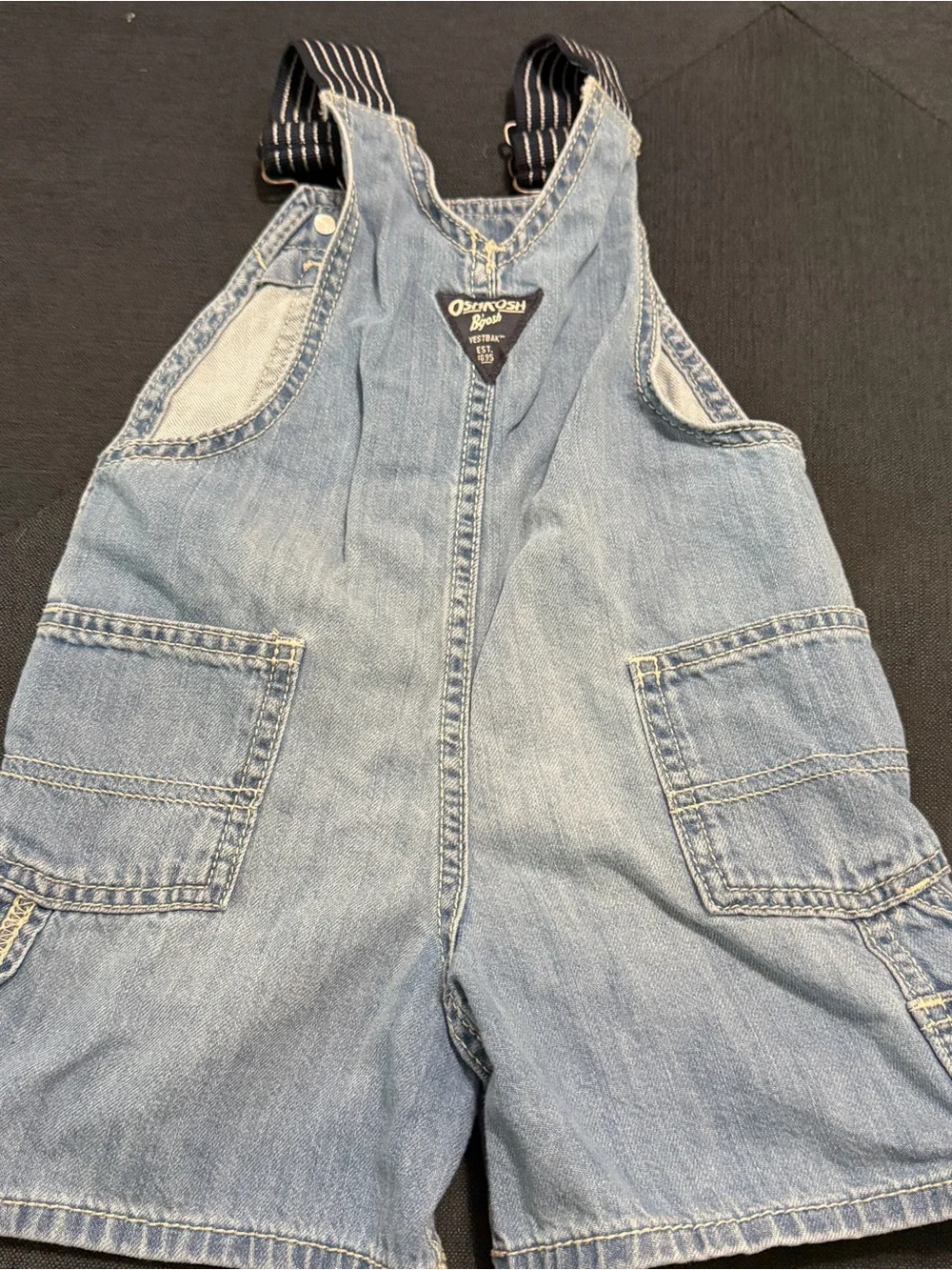 OshKosh B'gosh Light Wash Denim Shortalls with Striped Straps Sz 2T